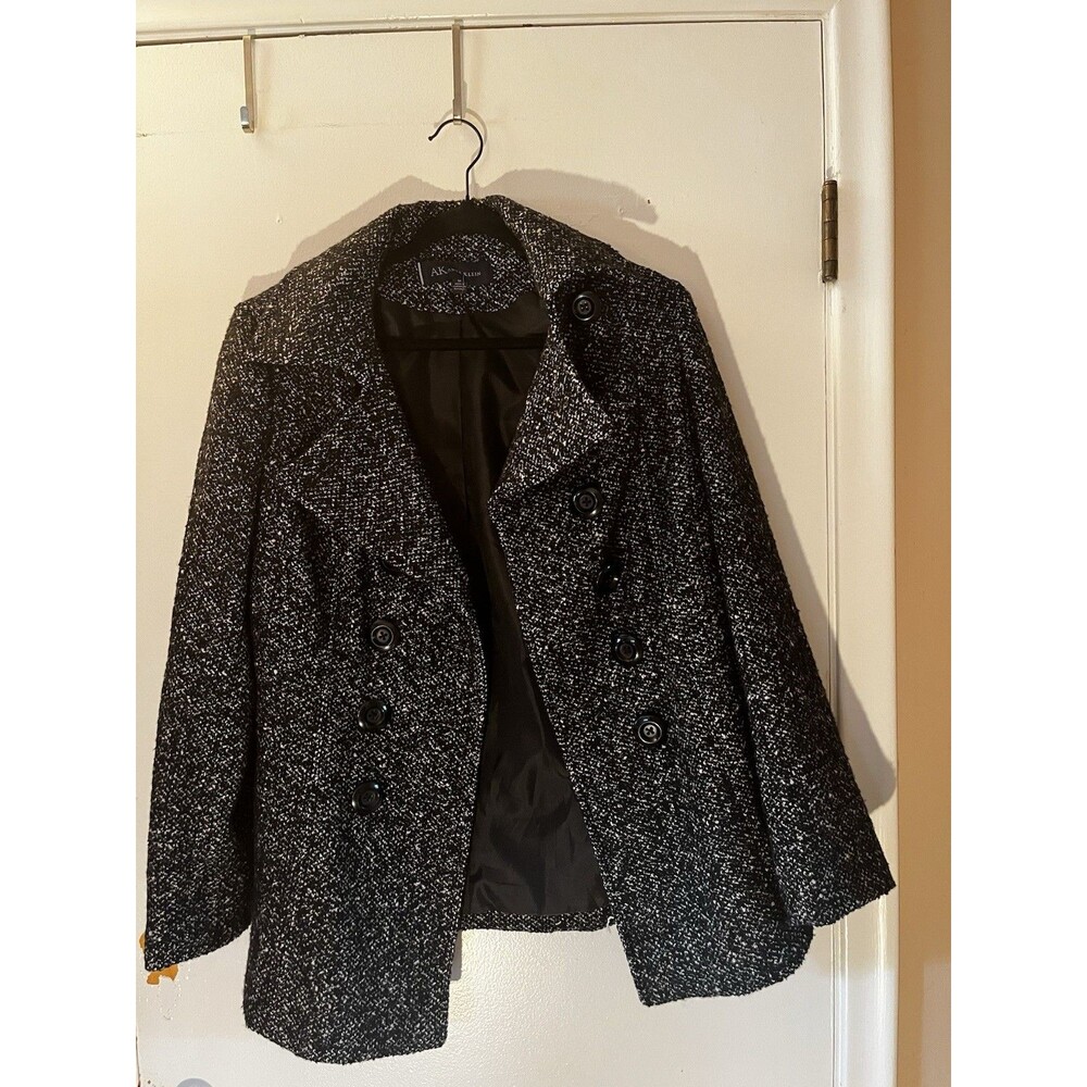 Anne Klein Black and White Marled Tweed Pea Coat - Size M